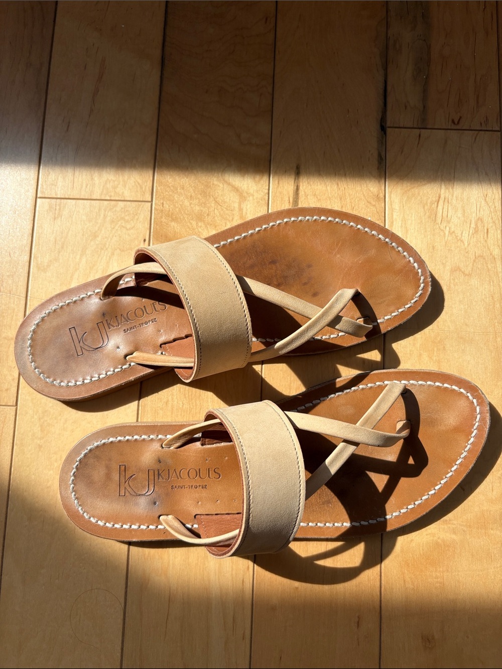 K.Jacques Beige Leather Toe-Loop Slide Sandals Nehru 39
